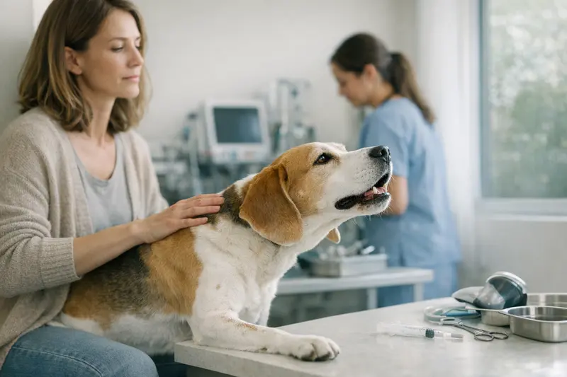 Tierarztbesuch bei Atemwegserkrankungen Hund mit Atemwegsproblemen untersucht vom Tierarzt