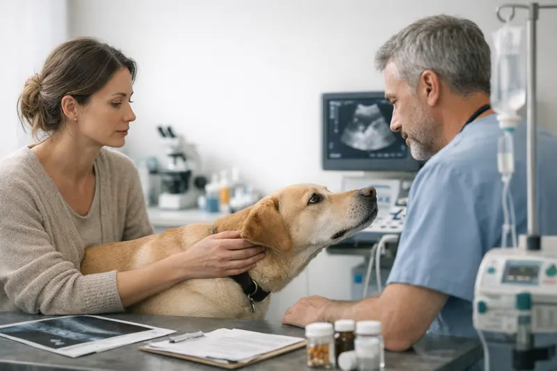 Hund streckt Hals Symptome Tierarzt Ein Hund, der den Hals nach vorne streckt, zeigt Symptome, die tierärztlicher Untersuchung bedürfen.