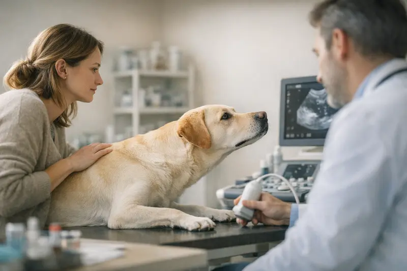Hund Voruntersuchung Tierarzt Tierarzt prüft Hund vor einer Operation, um die Kosten der Diagnostik zu klären.
