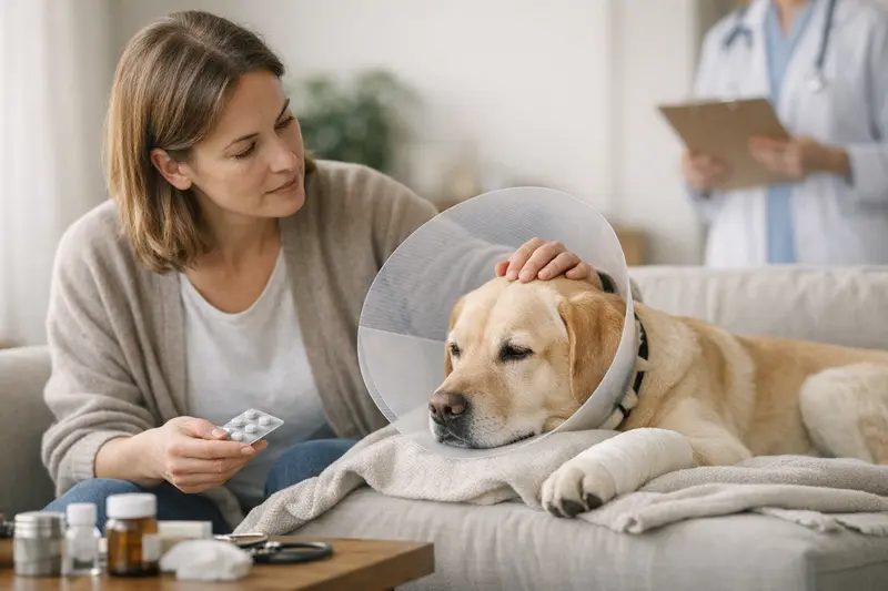 Hunde beim Tierarzt Ein glücklicher Hund sitzt vor einem Tierarzt, umgeben von medizinischen Geräten.