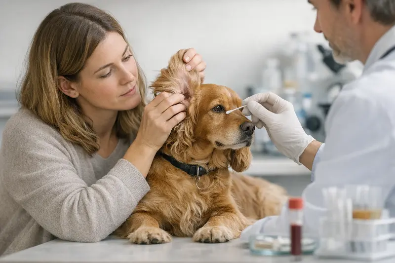 Eine Tierärztin untersucht das Ohr eines Hundes auf Entzündungen.
