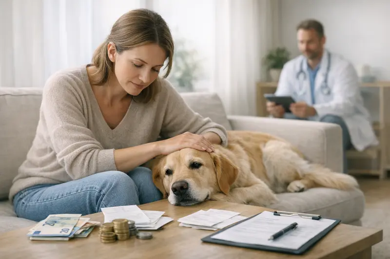 Selbstbeteiligung beim Tierarzt Ein Hund beim Tierarzt, der eine Rechnung mit Selbstbeteiligung erhält.