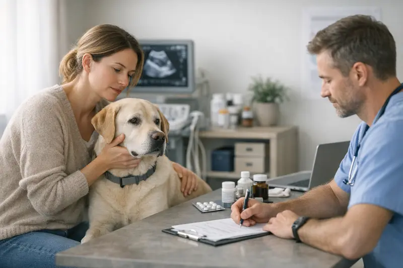Hundehalterin bespricht wichtige Tarifpunkte für die Tierkrankenversicherung mit ihrem Tierarzt.