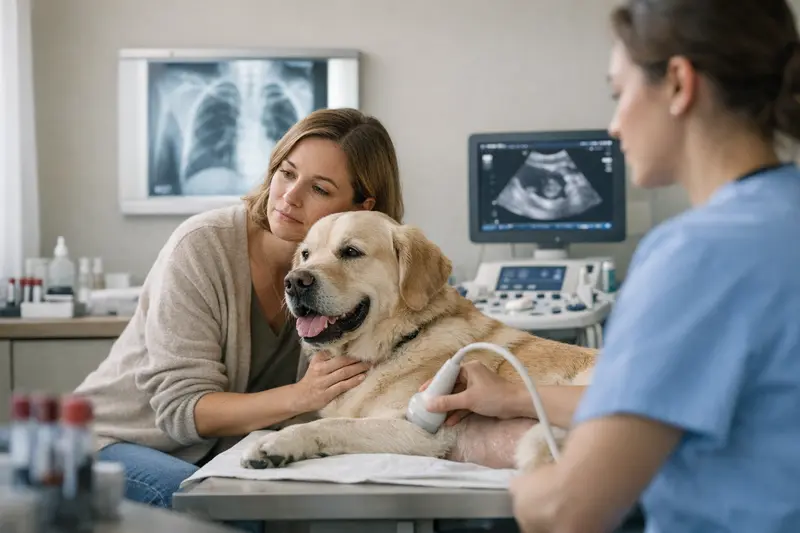 Ultraschalluntersuchung beim Tierarzt Tierärztin untersucht einen Hund mit einem Ultraschallgerät.