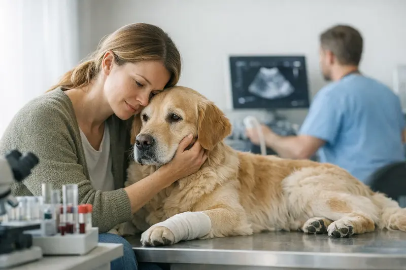 Tierarztbesuch für Ultraschalluntersuchung bei Hunden Ein Hund liegt auf einem Behandlungstisch beim Tierarzt, während eine Ultraschalluntersuchung durchgeführt wird.