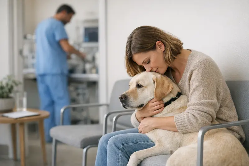 Hund beim Tierarzt - Wartezeiten verstehen Ein Hund beim Tierarzt, der auf eine Untersuchung wartet, während die Wartezeit thematisiert wird.