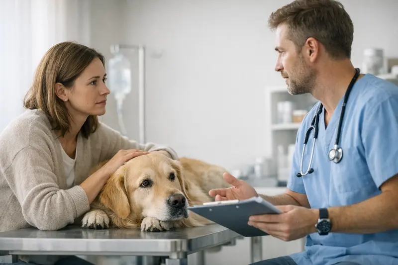 Hund beim Tierarzt für Versicherungsschutz Ein Hund beim Tierarzt, der auf Informationen zu Wartezeiten und Schutzbedingungen der Versicherung wartet.
