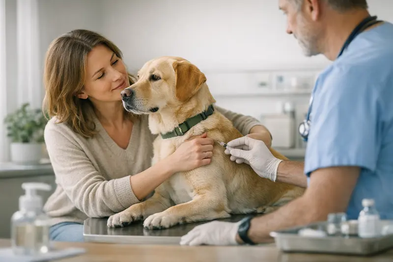 Hund beim Tierarzt für Vorsorgeuntersuchung Tierarztuntersuchung eines Hundes zur Überprüfung der Gesundheitsvorsorge.
