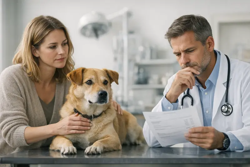 Tierarztbesuch Hund - Kosten und Absicherung Ein Hund wird von einem Tierarzt untersucht, während der Halter über Kosten und Versicherungsfragen nachdenkt.
