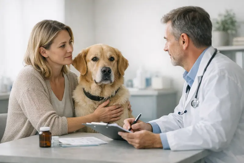 Vorerkrankungen beim Hund berücksichtigen Hundehalter informiert sich über Vorerkrankungen beim Tierarzt.