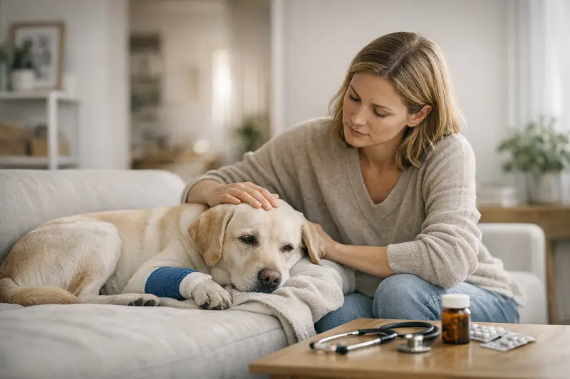 Tierarztbesuch mit Hund und Versicherungsthema Ein Hund sitzt bei einem Tierarzt, während das Thema Vorerkrankungen und Versicherungsschutz besprochen wird.