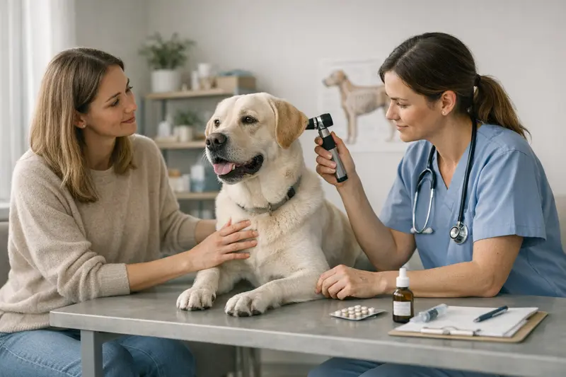 Älterer Hund beim Tierarzt zur Vorsorgeuntersuchung.