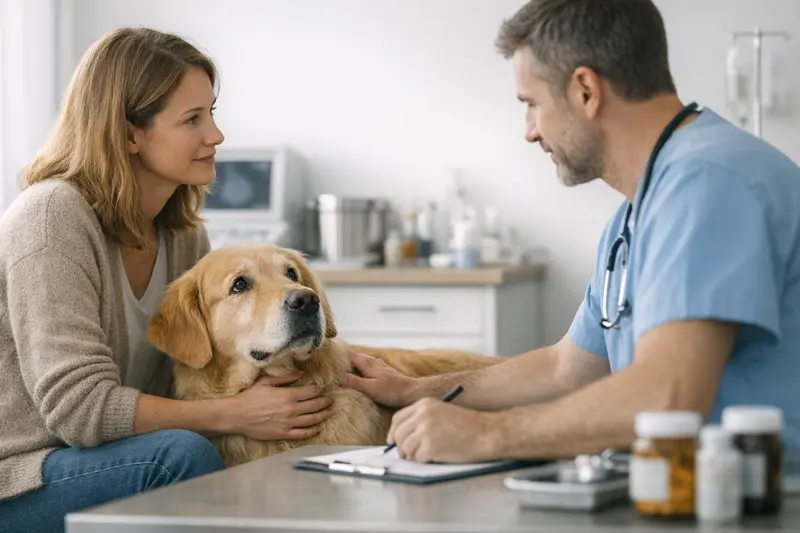 Tierarztbesuch zur Gesundheitsabsicherung Tierarzt mit Hund bei einer Untersuchung zur Gesundheitsabsicherung