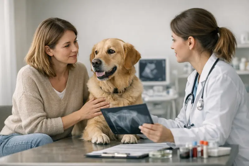 Diagnostik beim Tierarzt für Hunde Hundehalter beim Tierarzt mit einem Labrador Retriever zur Diagnostik