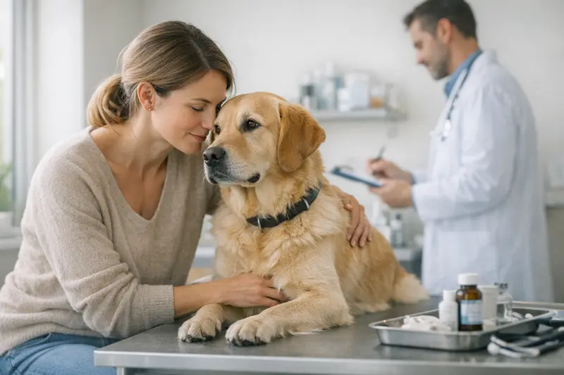 Tierarztbesuch mit Hund Ein Hundebesitzer, der mit seinem Hund in einer Tierarztpraxis ist, um eine Untersuchung durchführen zu lassen.