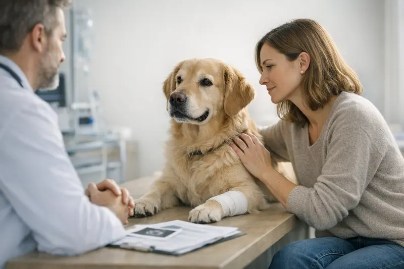 Hunde beim Tierarzt für Vorsorgeuntersuchung Ein Hund beim Tierarzt, der eine Vorsorgeuntersuchung erhält und sicherheitsbewusste Hundehalter zeigt.