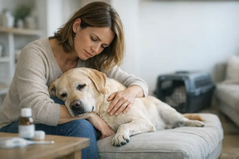 Hund zum Tierarzt bringen Ein besorgter Hundebesitzer bringt seinen Hund in eine Tierarztpraxis.