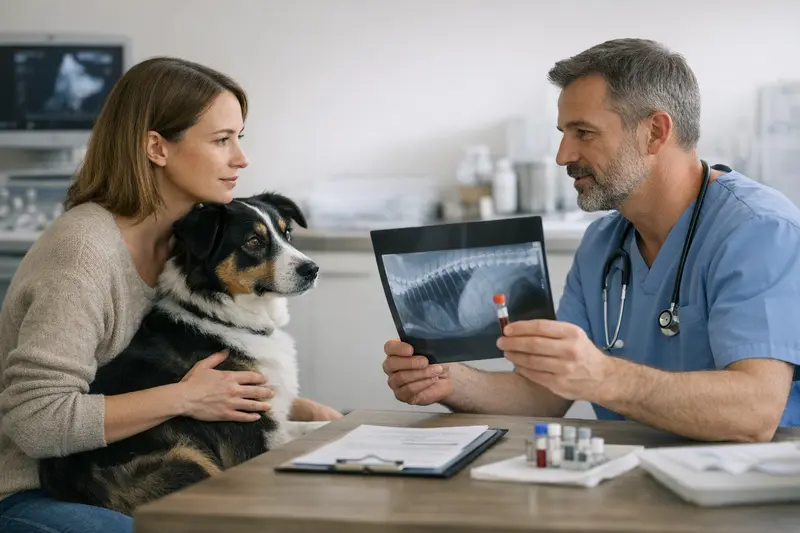 Tierarzt bei der Durchführung einer diagnostischen Untersuchung an einem Hund.