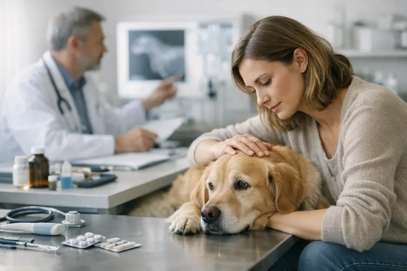 Hundefoto beim Tierarzt, der die Kosten für eine Behandlung erläutert.