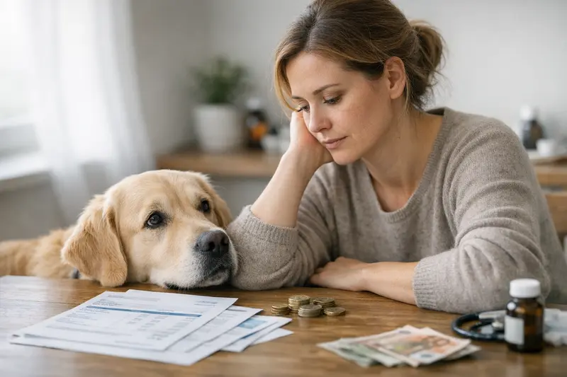 Selbstbeteiligung in der Hundeversicherung Ein Hundebesitzer spricht mit einem Tierarzt über die Selbstbeteiligung bei der Hundeversicherung.