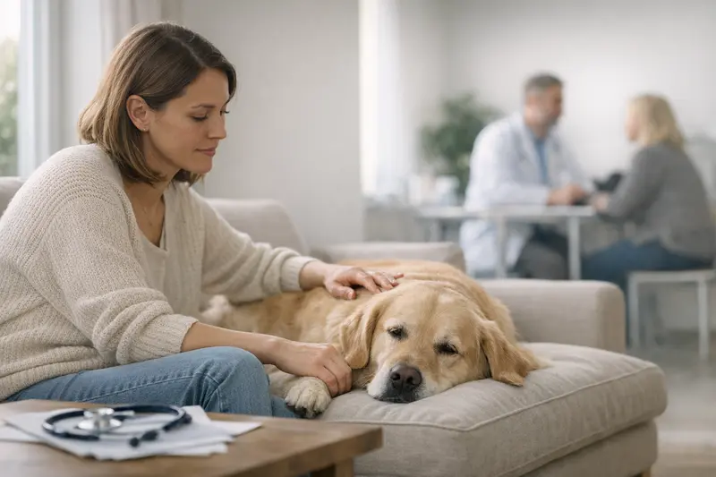 Hund beim Tierarzt – Wartezeiten in der Tierversicherung Ein Hund beim Tierarzt, der eine gründliche Untersuchung erhält, während der Besitzer Besorgnis zeigt.