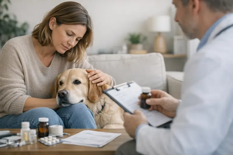Tipps zur Hundekrankenversicherung Hund bei einem Tierarzt, der die Versicherungsdetails prüft.