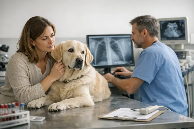 Diagnostik bei Tierarztbesuchen Eine Tierärztin untersucht einen Hund mit unklaren Symptomen.
