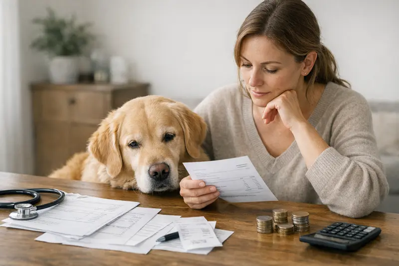 Selbstbeteiligung in der Hundekrankenversicherung Ein Hund sitzt beim Tierarzt und erhält eine Behandlung, während die Selbstbeteiligung der Krankenversicherung besprochen wird.