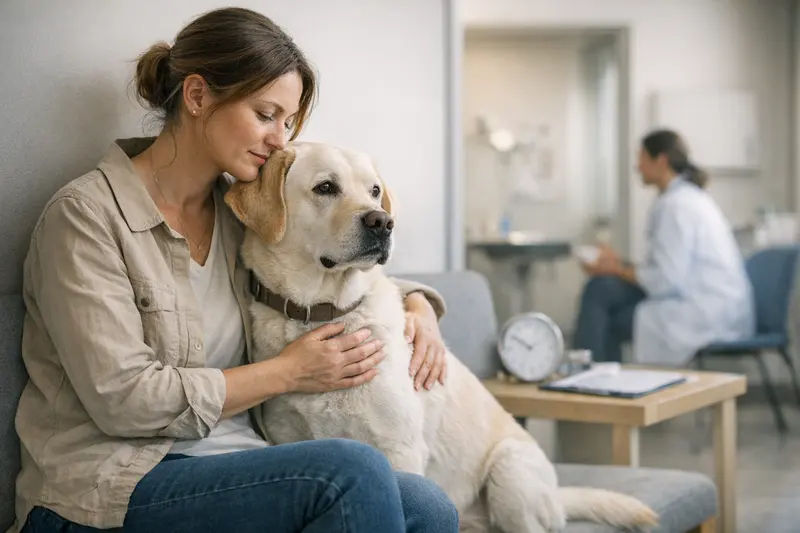 Hunde beim Tierarzt Ein Hund beim Tierarzt, der auf eine Behandlung wartet, um die Bedeutung von Wartezeiten in der Hundeversicherung zu verdeutlichen.