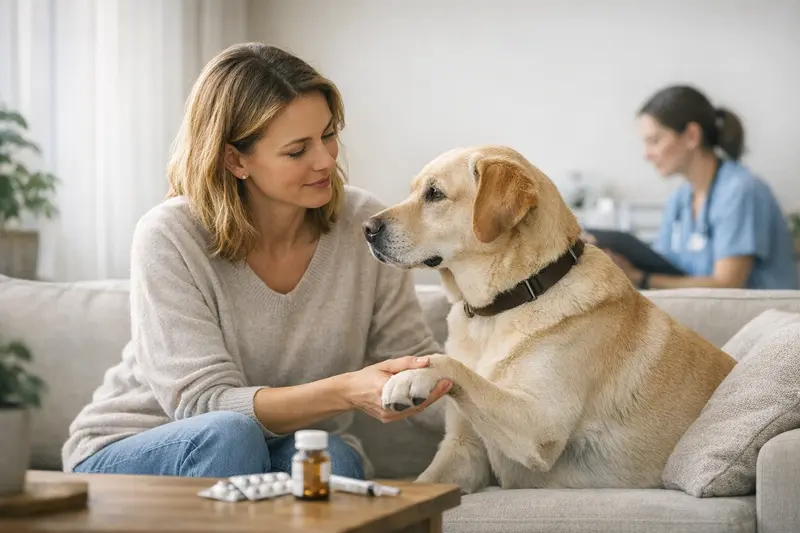 Hund in einer Tierarztpraxis, der während einer Untersuchung betreut wird.