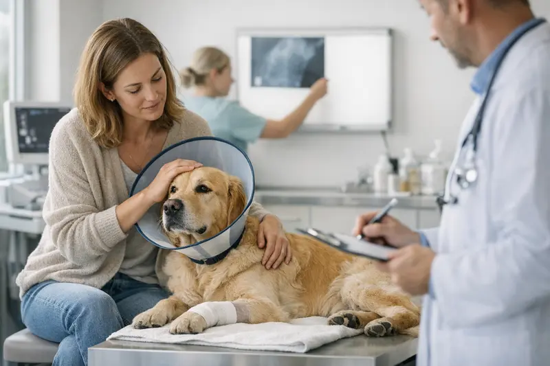 Voruntersuchungen und Nachsorge bei Hund OP-Versicherung Hundefotografie beim Tierarzt zeigt Voruntersuchungen und Nachsorge für eine Operation.