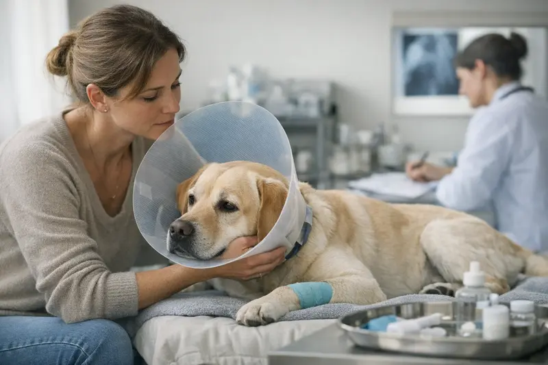 Tierarzt Voruntersuchung Hund Ein Hund erhält eine Voruntersuchung beim Tierarzt vor einer Operation.