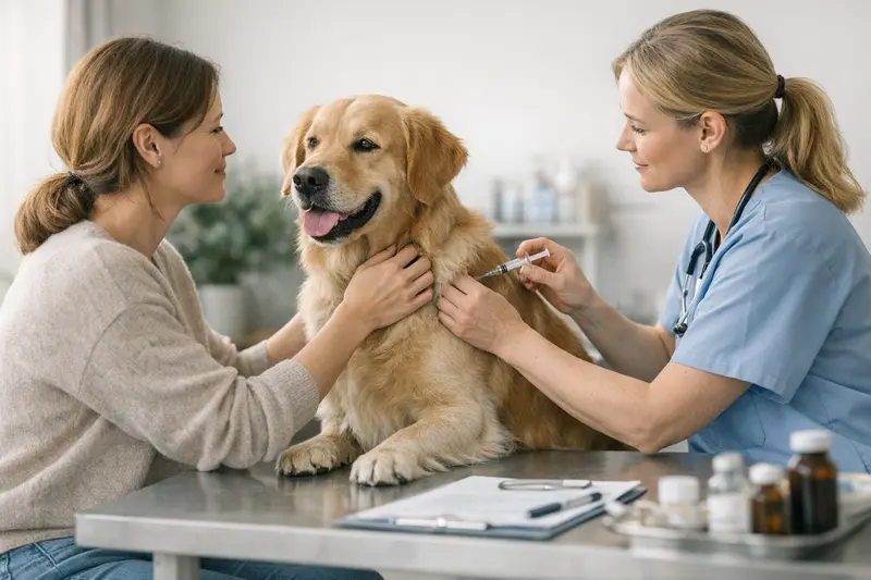 Ein Hund erhält eine Impfung beim Tierarzt, um seine Gesundheit zu schützen.