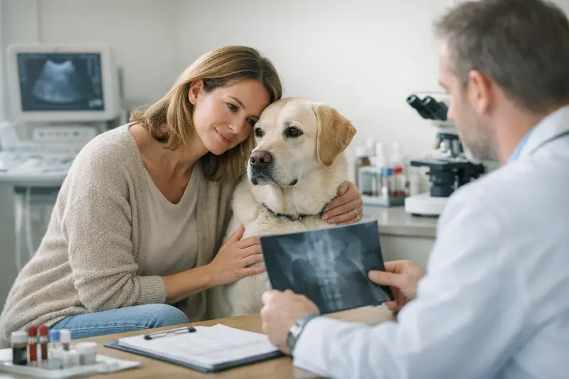Tierarztuntersuchung für Hundediagnostik Ein Tierarzt untersucht einen Hund, um eine Diagnose zu stellen