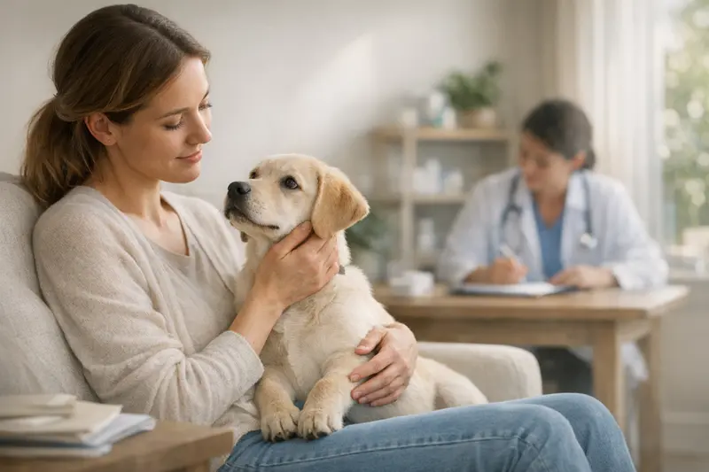Hund beim Tierarzt Glücklicher Hund beim Tierarzt, umgeben von liebevoller Pflege.