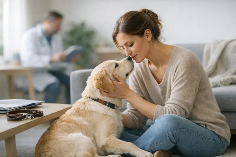 Früher Abschluss einer Hundekrankenversicherung Ein gesunder Hund spielt im Garten, während sein Besitzer über eine frühzeitige Versicherungsabsicherung nachdenkt.