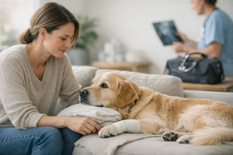 Wartezeiten und Vorerkrankungen in der Hundekrankenversicherung Hund beim Tierarzt, der auf das Wichtigste bei der Krankenversicherung hinweist.