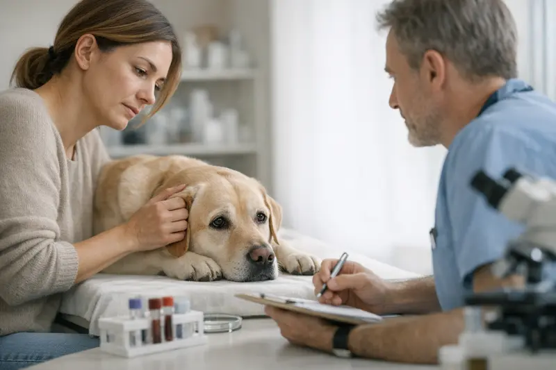 Diagnostik im Hundeversicherung Tarif Tierarzt untersucht einen Hund auf Symptome zur Diagnostik