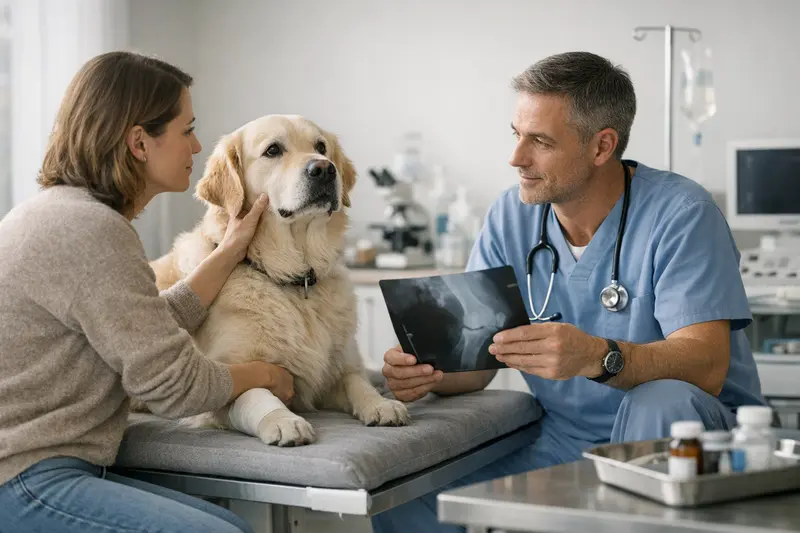 Untersuchung eines Hundes beim Tierarzt Ein Hund sitzt beim Tierarzt und erhält eine Untersuchung zur Gesundheit. Die Unterschiede zwischen Hundekrankenversicherung und OP-Versicherung werden hier thematisiert.