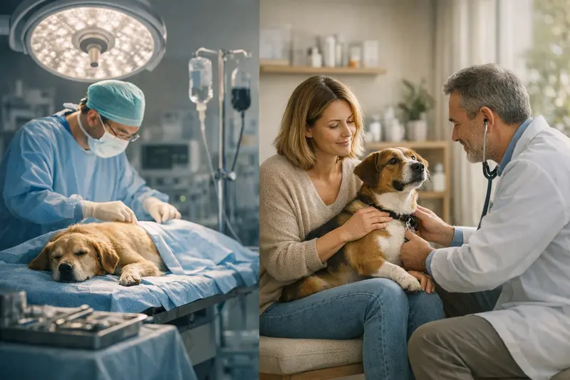 Eine Hundebesitzerin spricht mit ihrem Tierarzt über OP-Schutz und Krankenversicherung für Hunde.