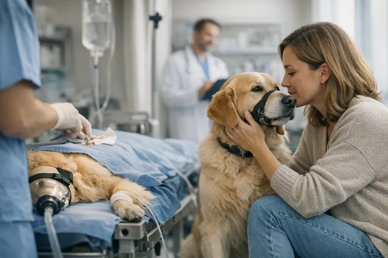 Hund beim Tierarzt zur OP-Vorbereitung Ein Hund beim Tierarzt, der für eine Operation vorbereitet wird, symbolisiert die Unterschiede zwischen OP-Schutz und Hundekrankenversicherung.