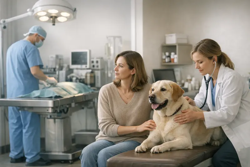 Hundebesitzer und Tierarzt im Beratungsgespräch Ein Hundebesitzer spricht mit einem Tierarzt über verschiedene Versicherungsoptionen für seinen Hund.