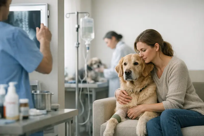 Hund beim Tierarzt mit Blick auf eine Informationsbroschüre über OP- und Krankenversicherungen