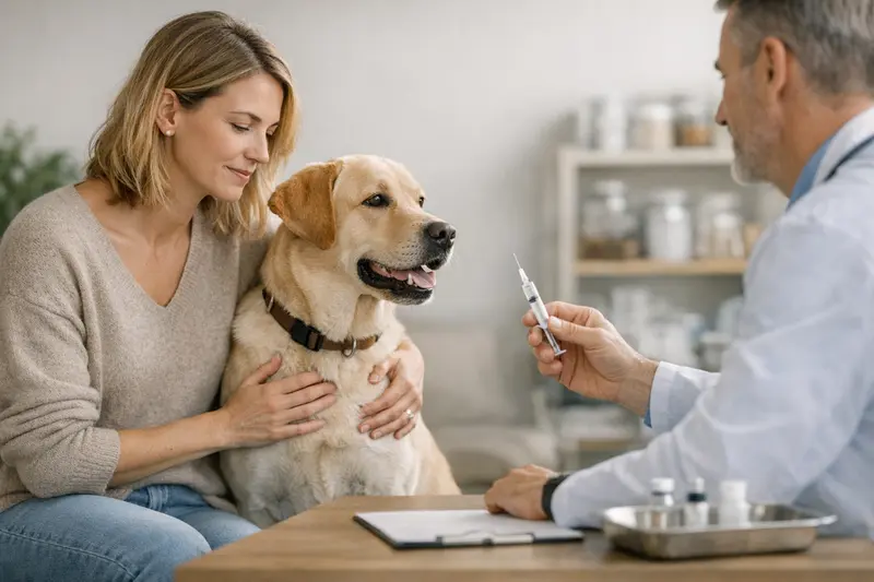 Tierärztin untersucht einen Hund auf Impfungen und Gesundheitsvorsorge.