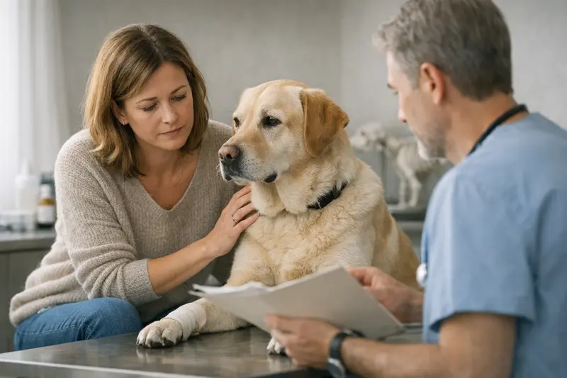 Hundeversicherung Vorerkrankungen Ein Hundebesitzer beim Tierarzt, um Informationen zu bestehenden Befunden und Vorerkrankungen zu besprechen.