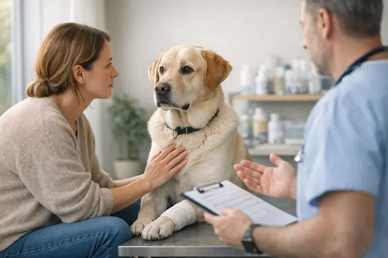 Erkrankter Hund bei einem Tierarzt, der seine Vorerkrankungen bespricht.