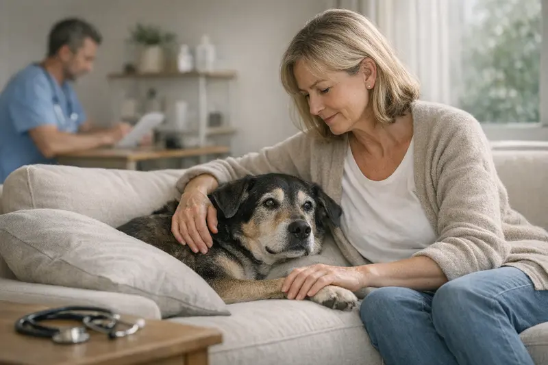 Beratung zur Hundeversicherung für ältere Tiere Älterer Hund beim Tierarzt, der Informationen zu Versicherungskosten erhält.