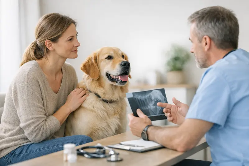 Tierarzt untersucht einen gesunden Hund, um Vorsorgemaßnahmen zu besprechen