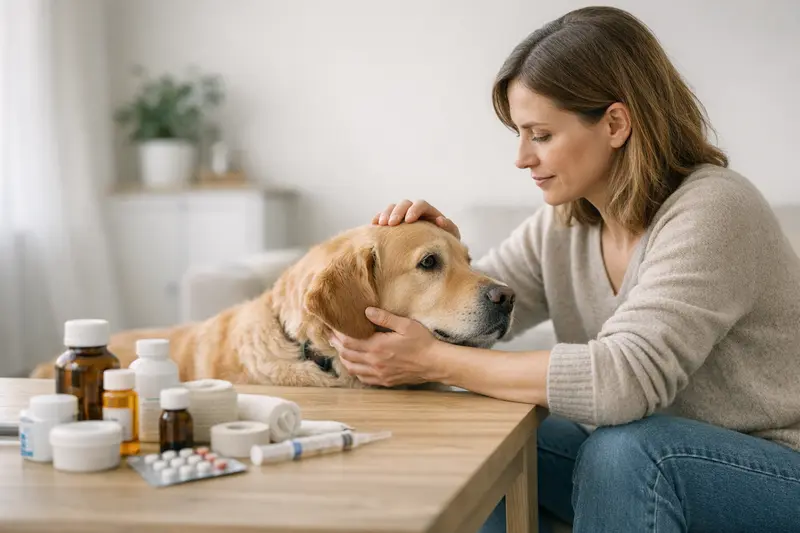 Medikamente und Materialien in der Tierversicherung Tierärztliche Behandlung eines Hundes mit Fokus auf Medikamente und Materialkosten.