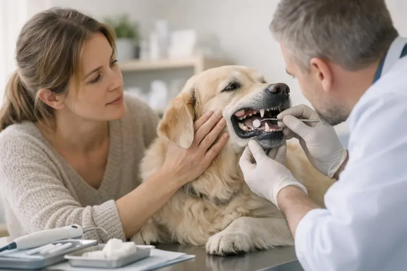Zahnbehandlungen beim Hund verstehen Ein Hundehalter mit einem Tierarzt bespricht die Zahnbehandlung seines Hundes.